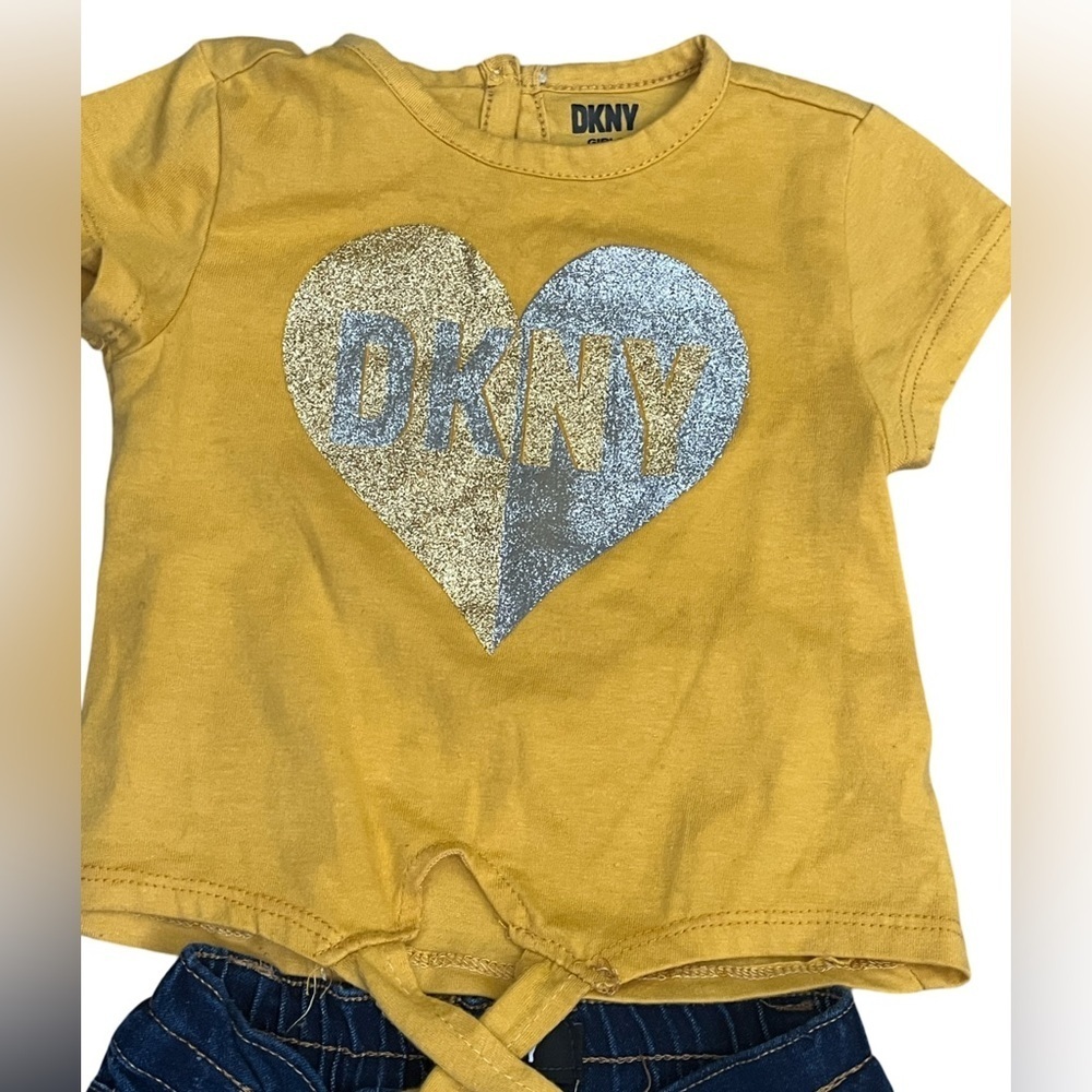 DKNY Girls Matching Set with Yellow T shirt and Denim Jeans. Size: 12M. - Picture 2 of 7